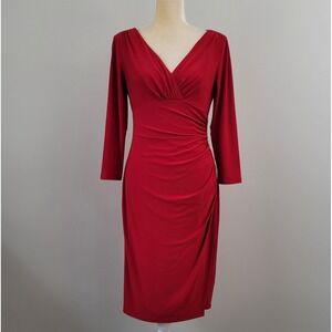 LAUREN RALPH LAUREN Size 8 Red Faux Wrap Ruched Party Cocktail Sheath Dress